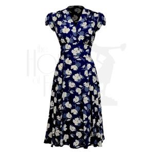 Floral V-Neck Navy Midi Dress with Cap Sleeves
